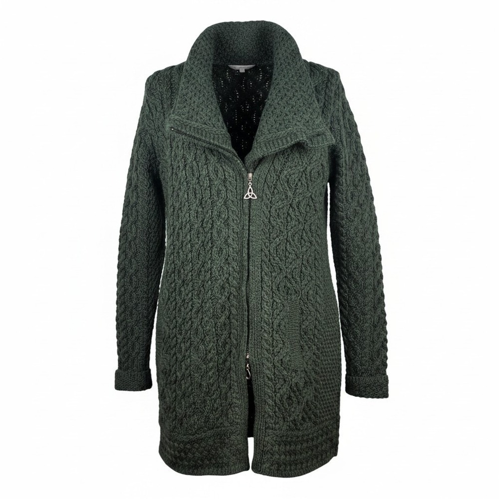 Aran Crafts Ireland Green Merino Wool Side Zip Cable Knit Sweater Cardigan PL